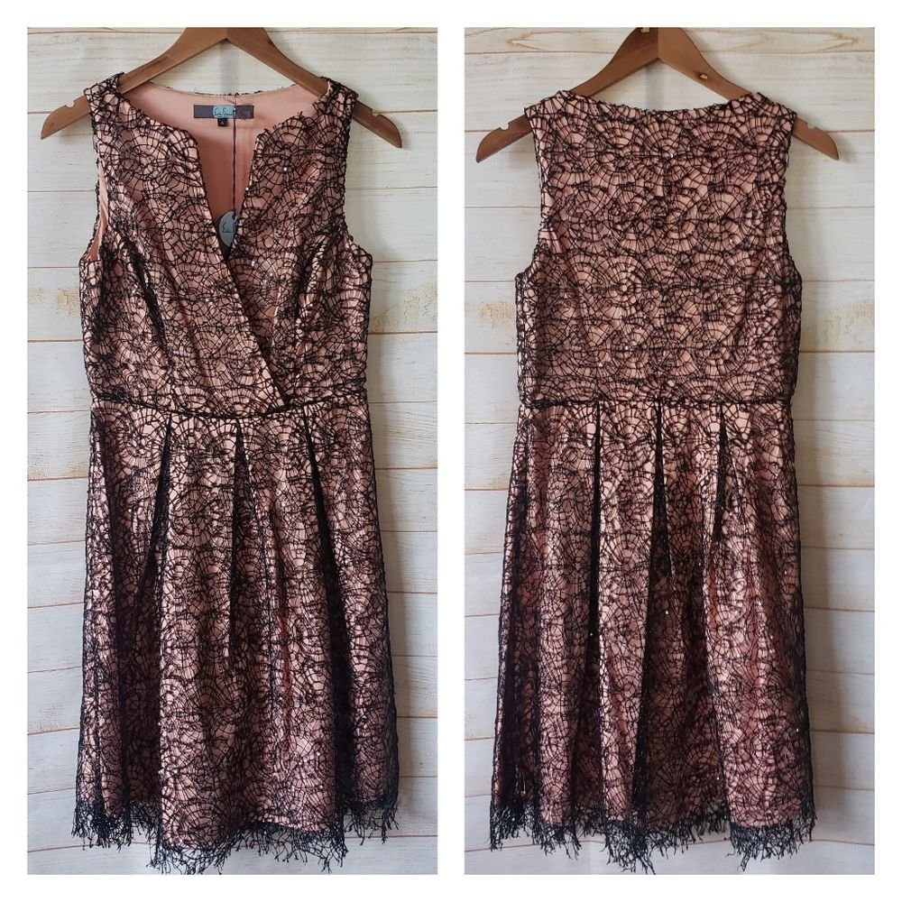Eva Franco Emma Web Dress V-Neck Black Peach Web Women's Size 6